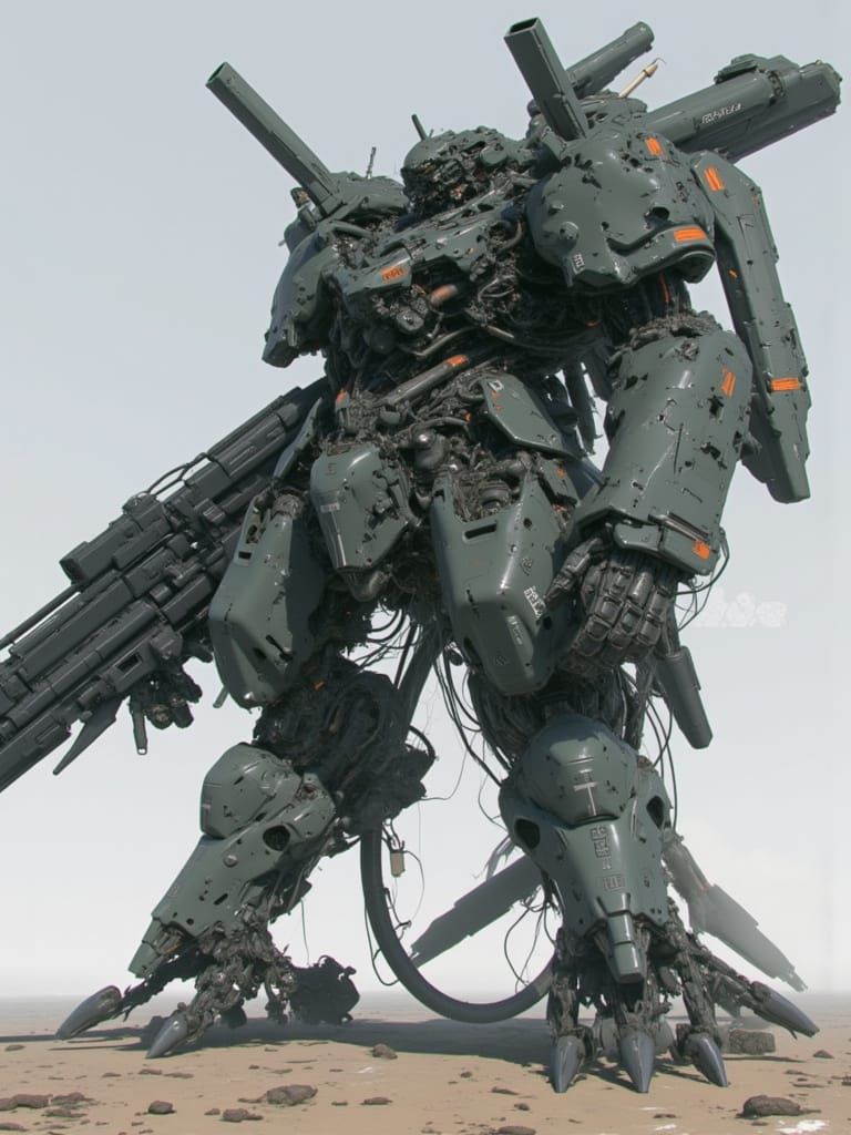 <lora:Predatory Mecha B:1.0> A massive mecha powerful digitigrade legs with numerous weapons, military