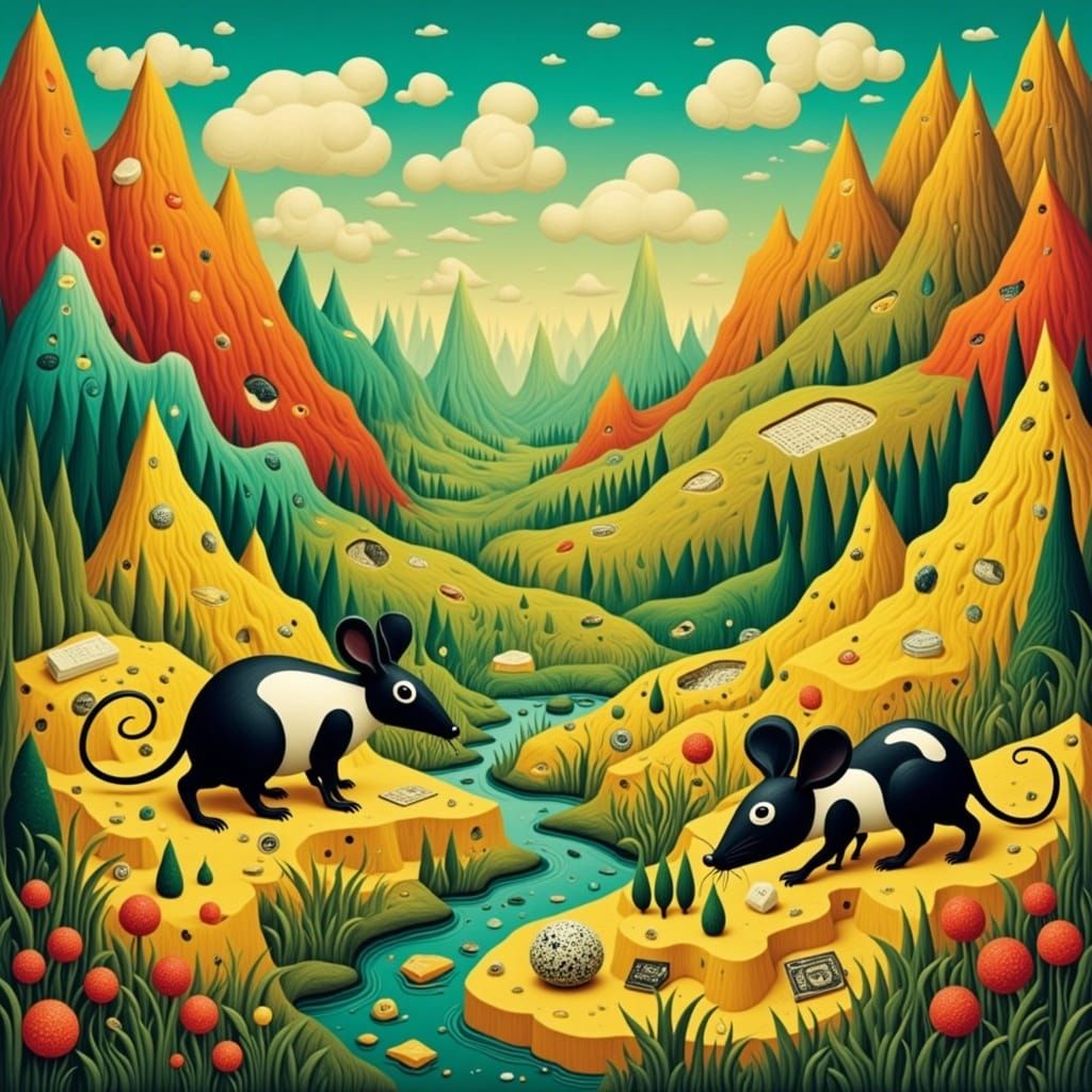 <lora:WOODCUT WHIMSY:1.0> Mice in the land of cheese 