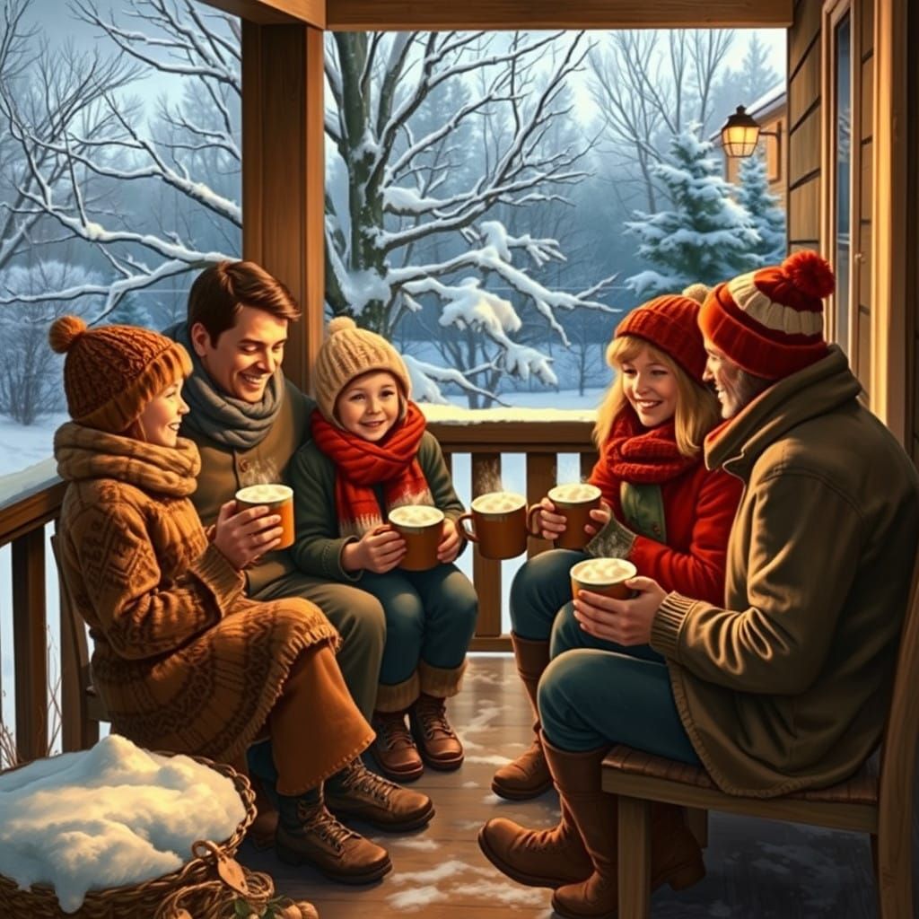 family enjoying hot chocolate on a back porch with snow on the ground  by @Ed Evans