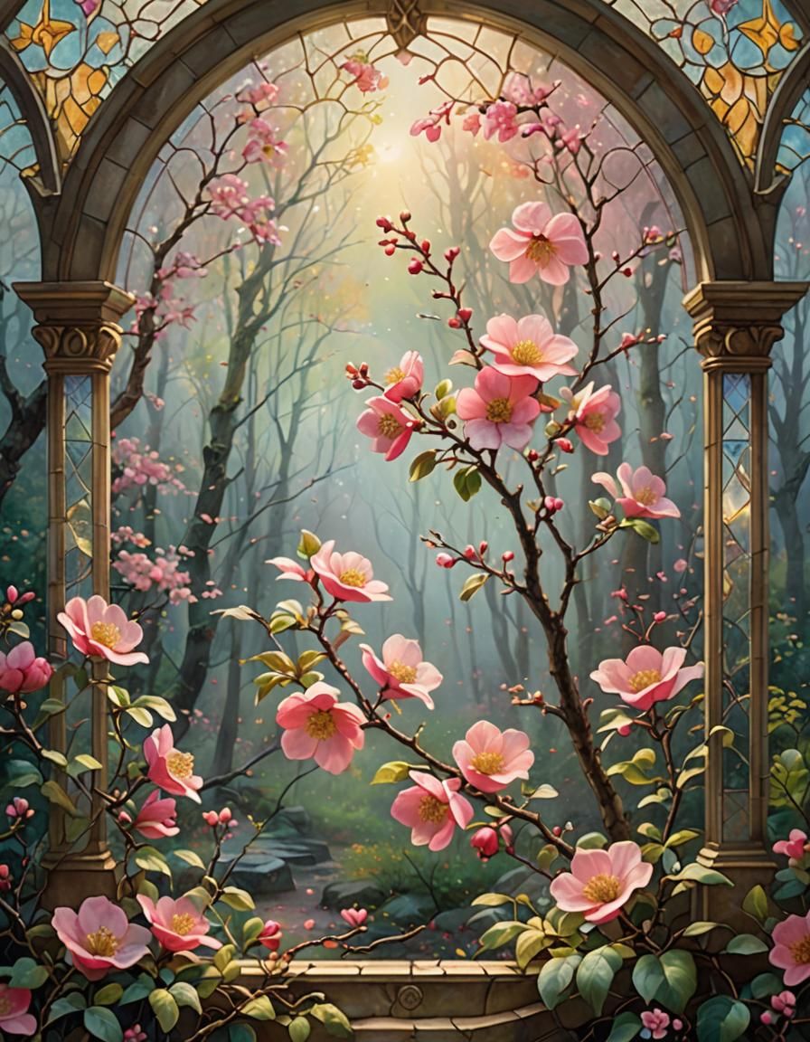 stain glass-square, small vibrant pink-flowering-quince flow...