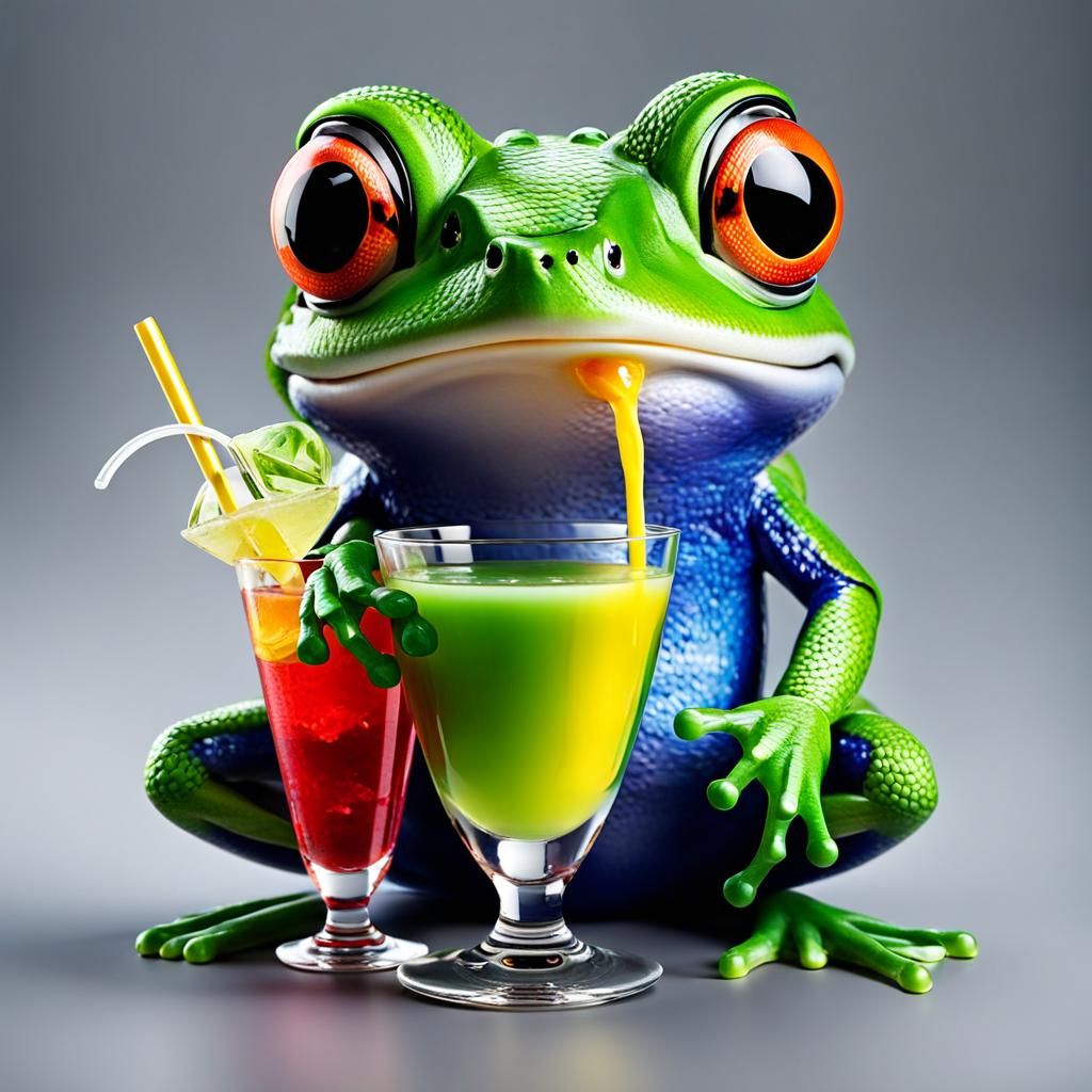 cute colorful frog sitting a mixed drink