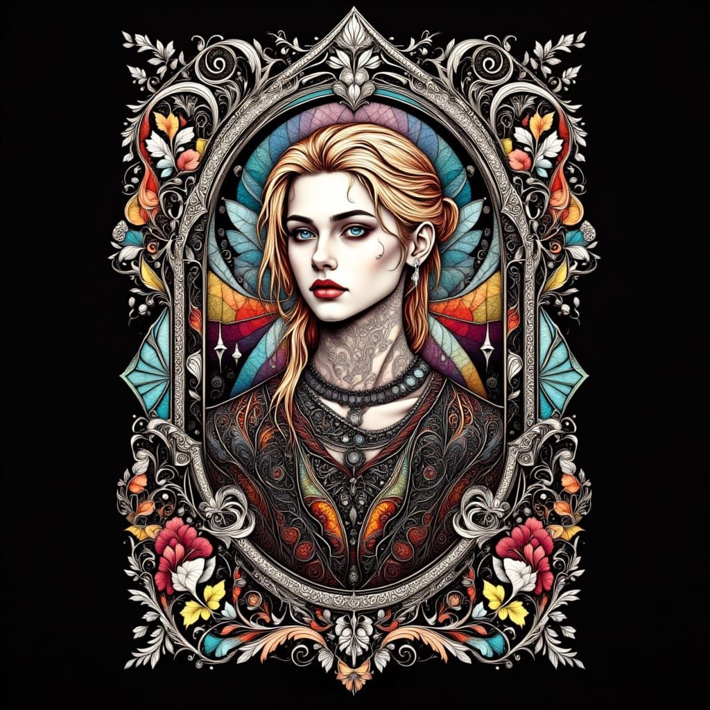 <lora:Cloisonne:1.0> <lora:Zentangle:1.0> <lora:Geometric Intensity:1.0> Goth punk blonde man head and shoulders portrait with a silver fram...