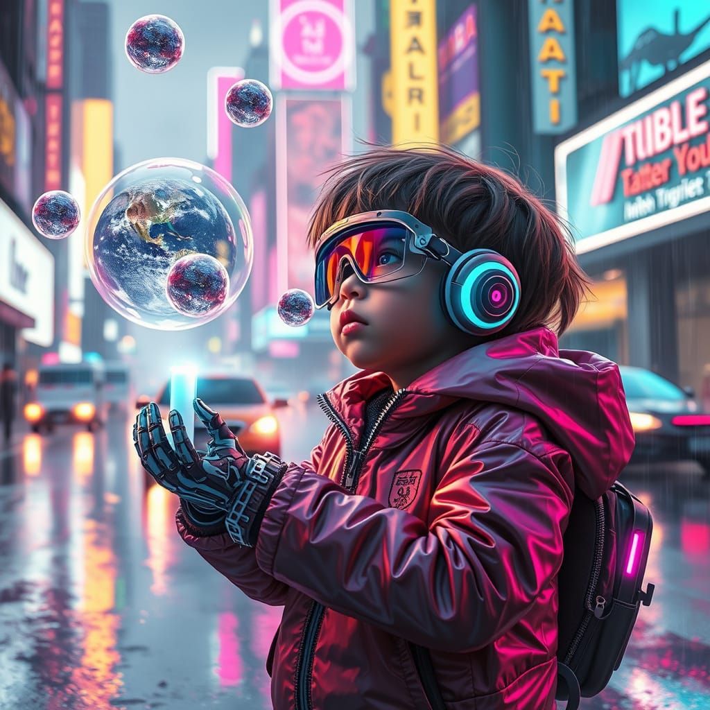 "A young cyberpunk child in a neon-lit, futuristic cityscape blows bubbles using a glowing, high-tech bubble wand shaped like a sleek digita...