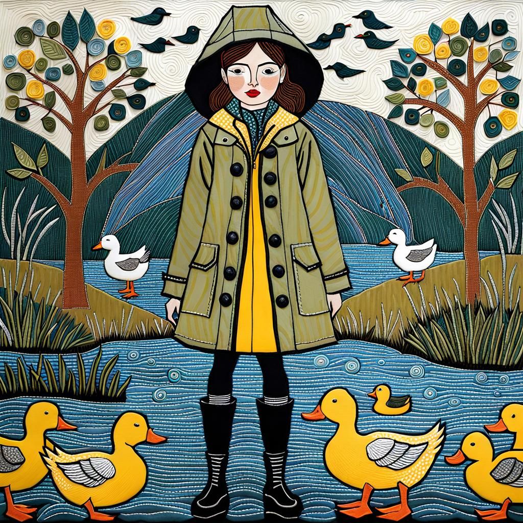 girl wearing a raincoat and galoshes,. AI Generated Artwork