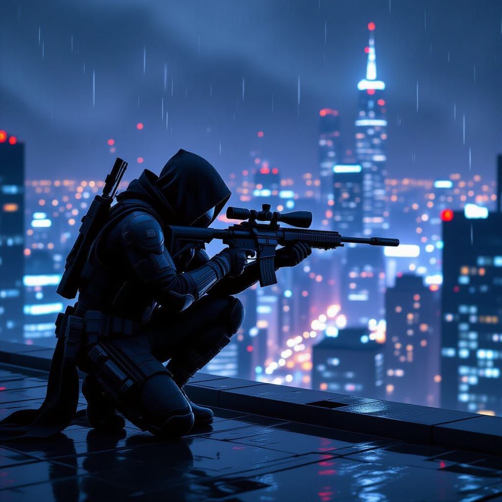 assassin on a skyscraper rooftop with a large gun