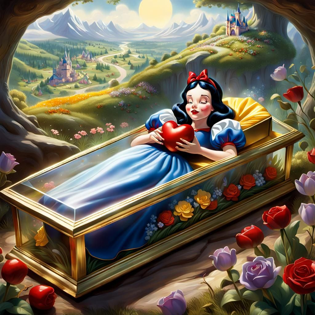 Snow White Inside A Glass Casket With A Heart In Hands ❤