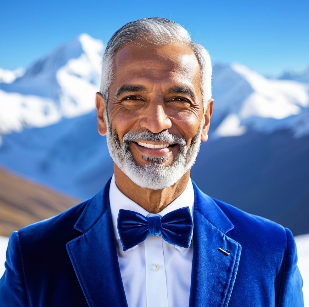 A handsome silver daddy, a bearded elderly man wearing a blu...