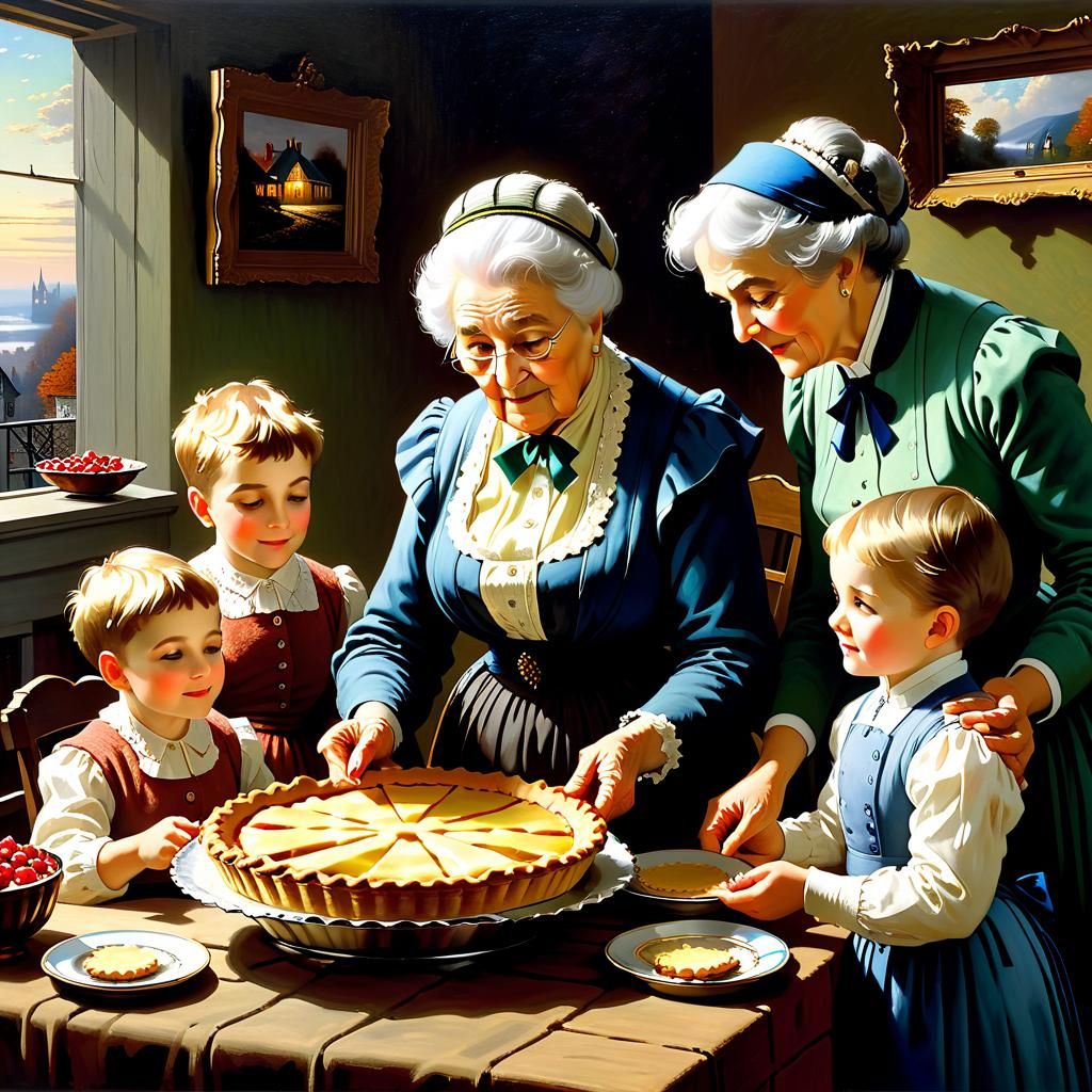 Grandma serving a piece of pie to her grandkids, beautifully shot ...