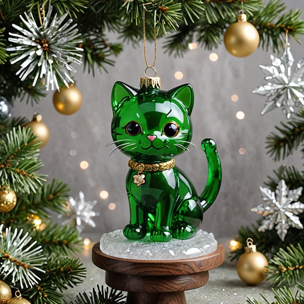 Green chibi glass kitty on a ornament table