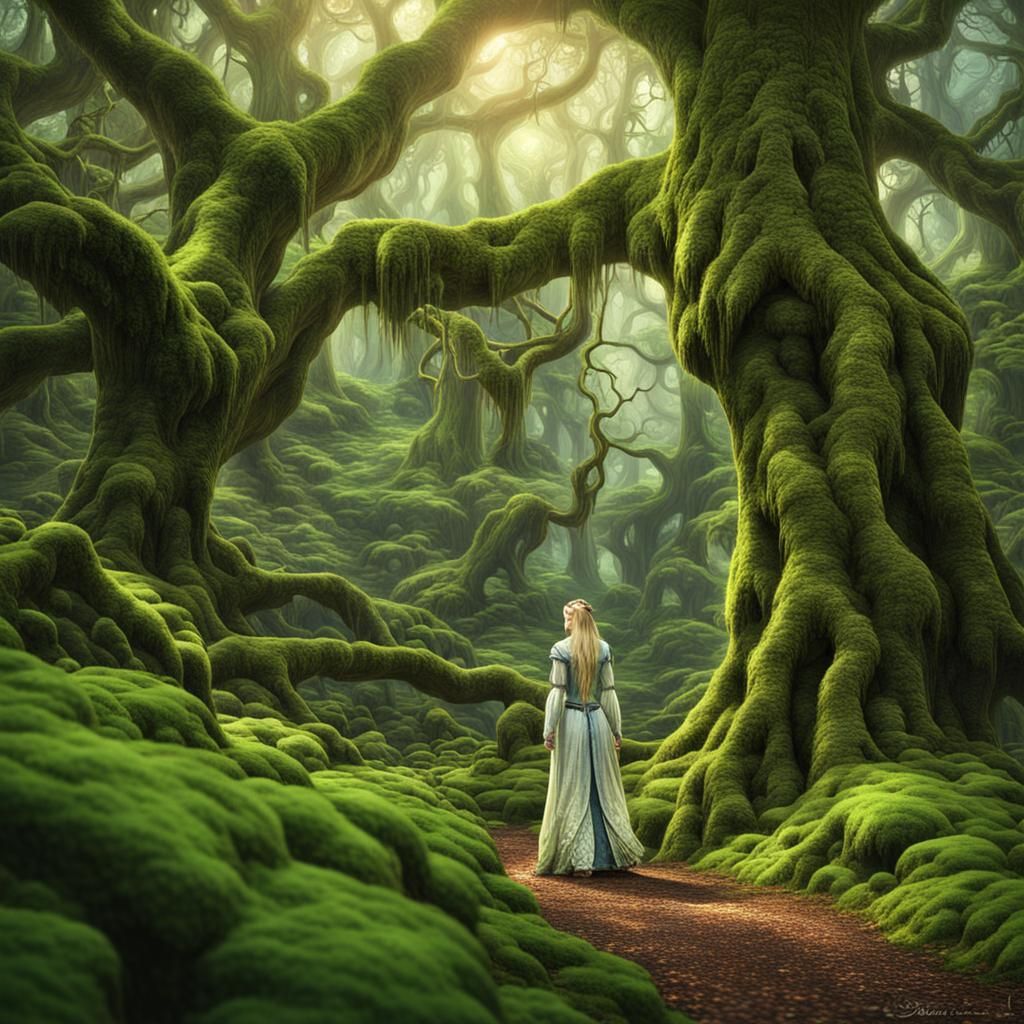 A beautiful blonde elf maiden strolling through a lush verdant ancient ...