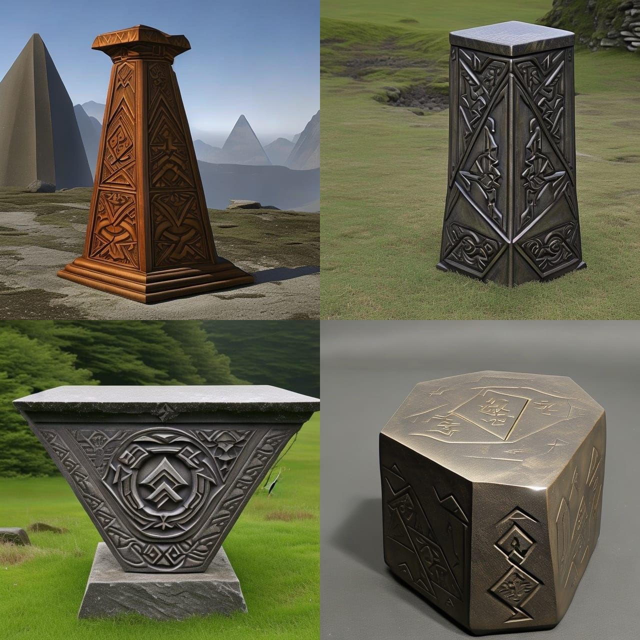 short triangular pedestal with runes carved into it fantasy style AI