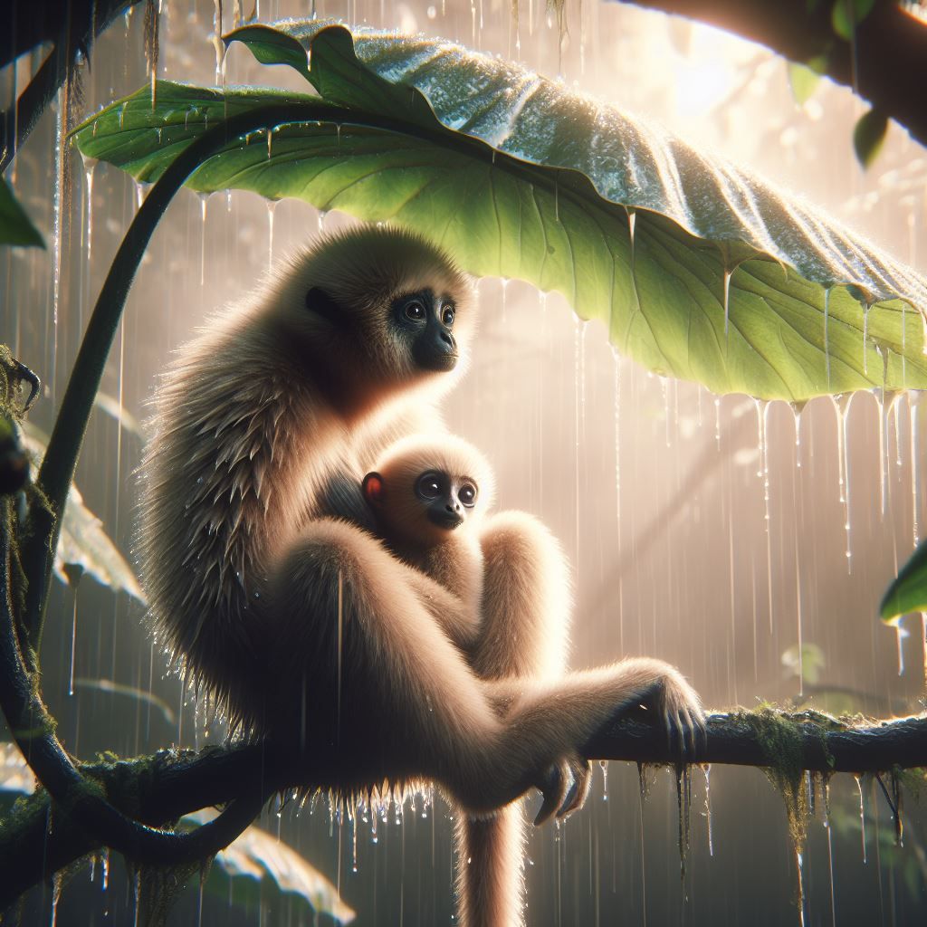 Gibbon Mother and Daughter waiting out the rain