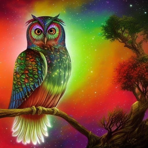 Rainbow Owl Under A Rainbow  by @Angela Cooper Hanley