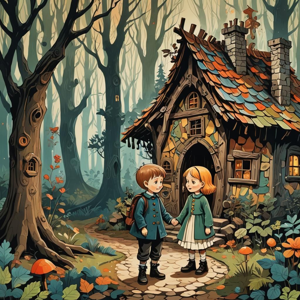Picture book Hansel and Gretel story
one boy
One girl
in the forest
In front of the witch's house  by @SvenP