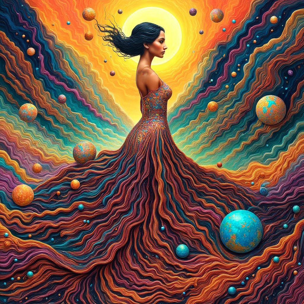 <lora:Sunshine of Yer Love:1.0> Vibrant, dreamlike woman surrounded by swirling patterns, posing in a surreal landscape, in contrasting colo...