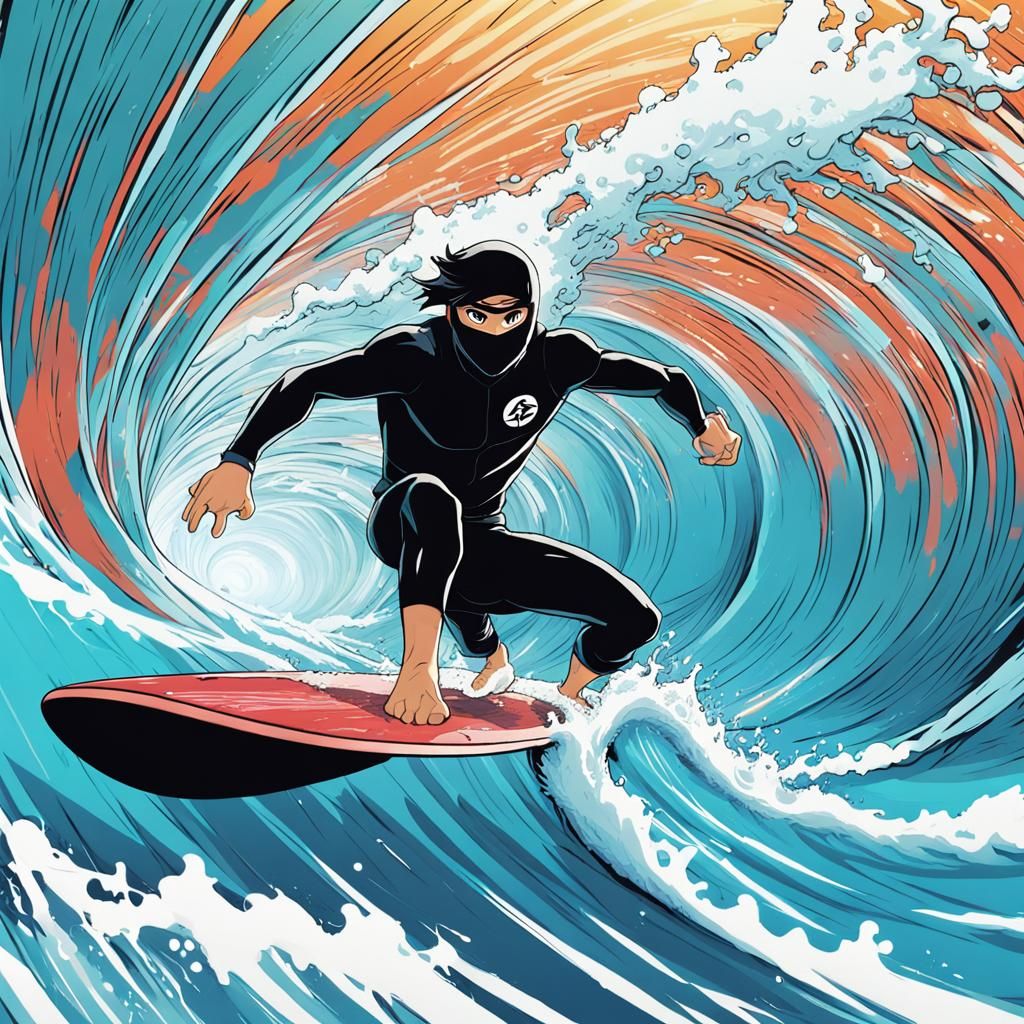 A surfer ninja wearing bermuda shorts, surfing in a wave tun...