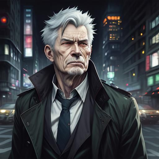 Male anime male with grey hair wearing black trench coat in city at ...