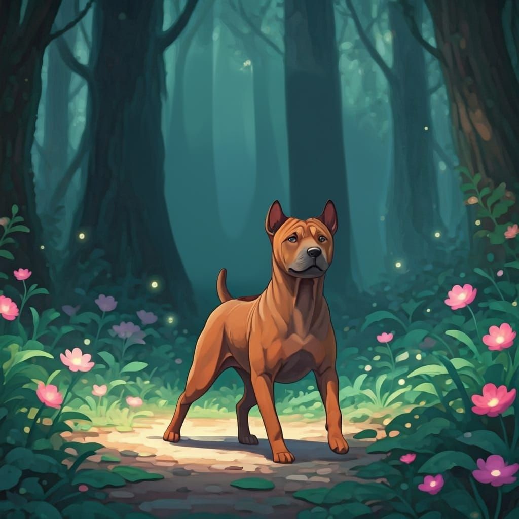 Thai Ridgeback Dog Chasing Glowing Flora in Dreamlike Forest