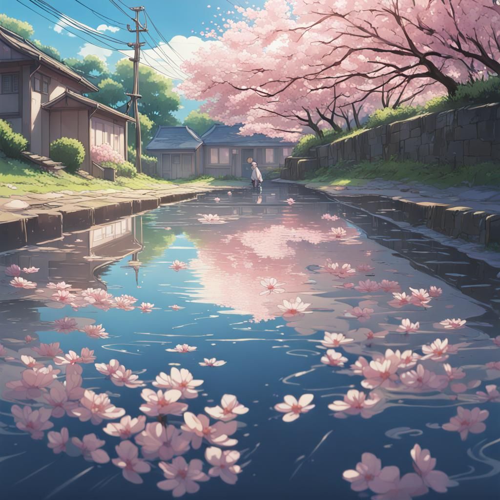 Cherry blossoms in a puddle of water