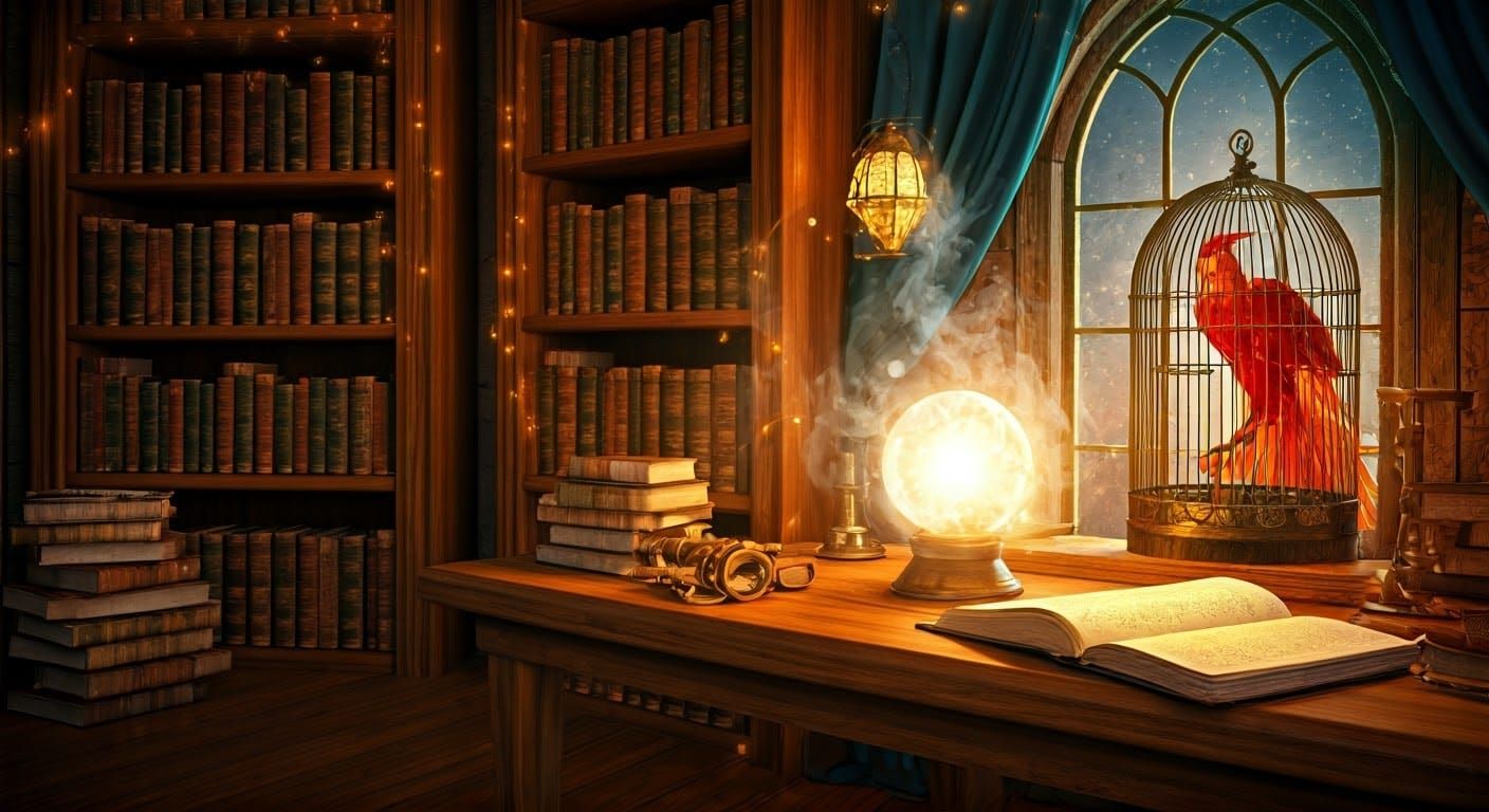 bright wizard study-room with different magical elements : shelves with old magic tomes with glowing titles, table with translucent orb full...