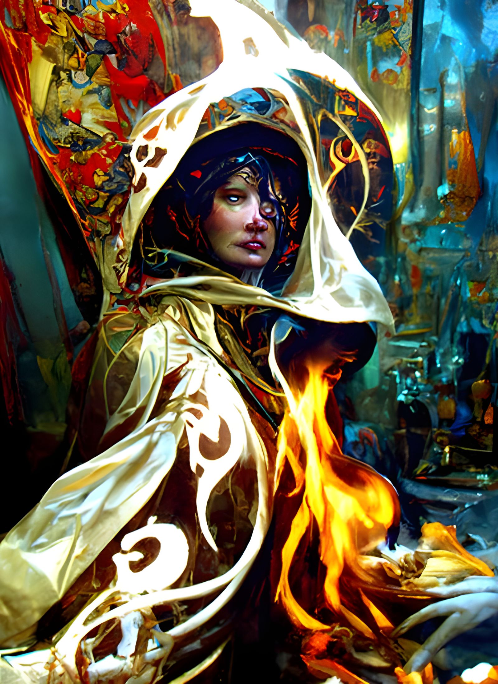 Sorcerer goddess enchatress flames hooded being detailed mat...