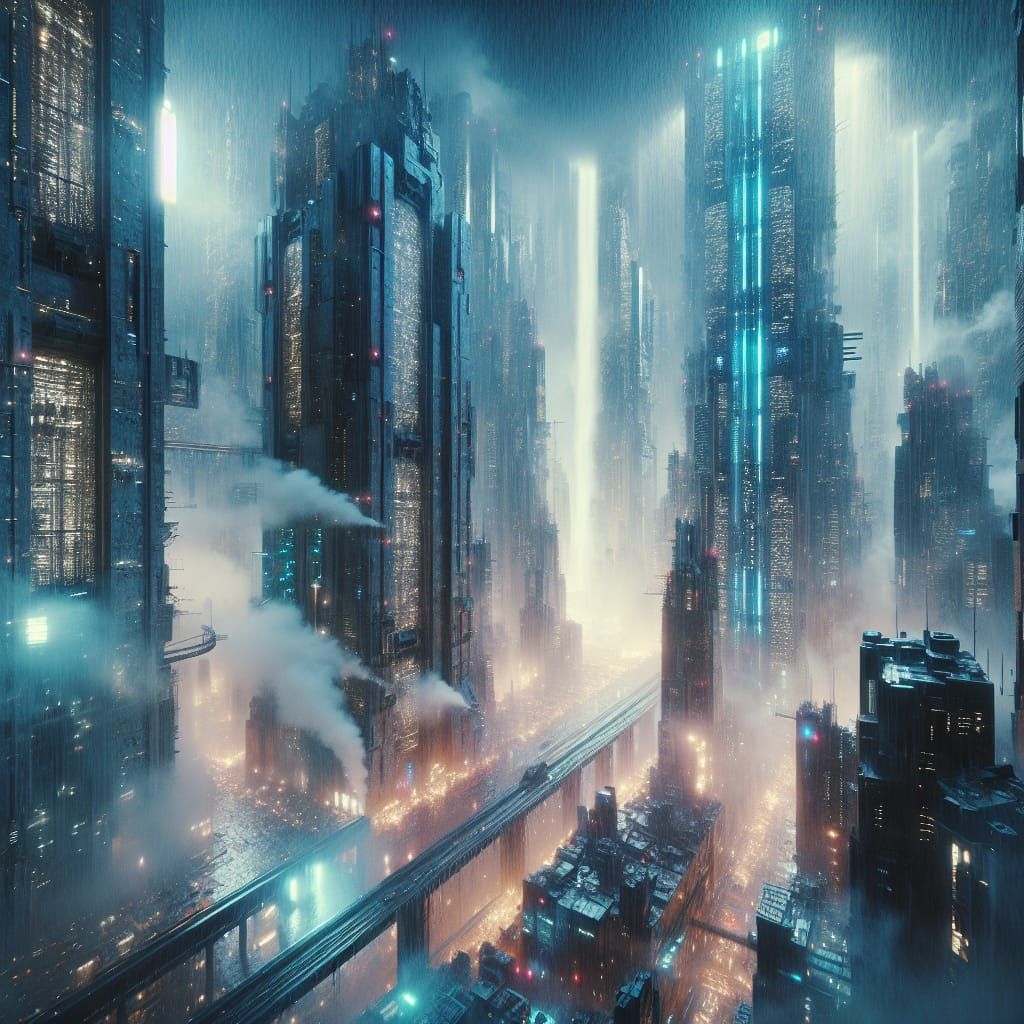 3D Hyper-realistic Blade Runner cityscape in fog and very heavy pouring rain. 