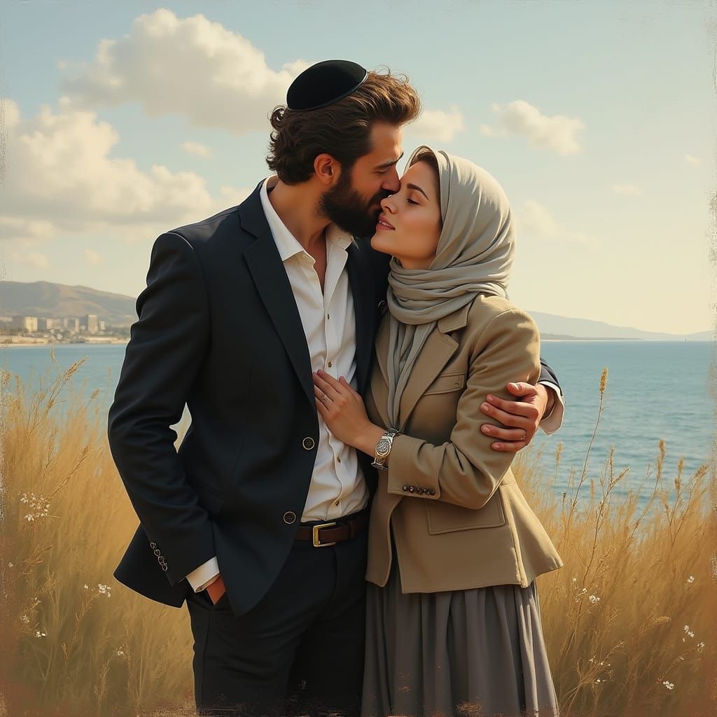 Romantic Jewish Couple Embrace in Expressive Painting Style