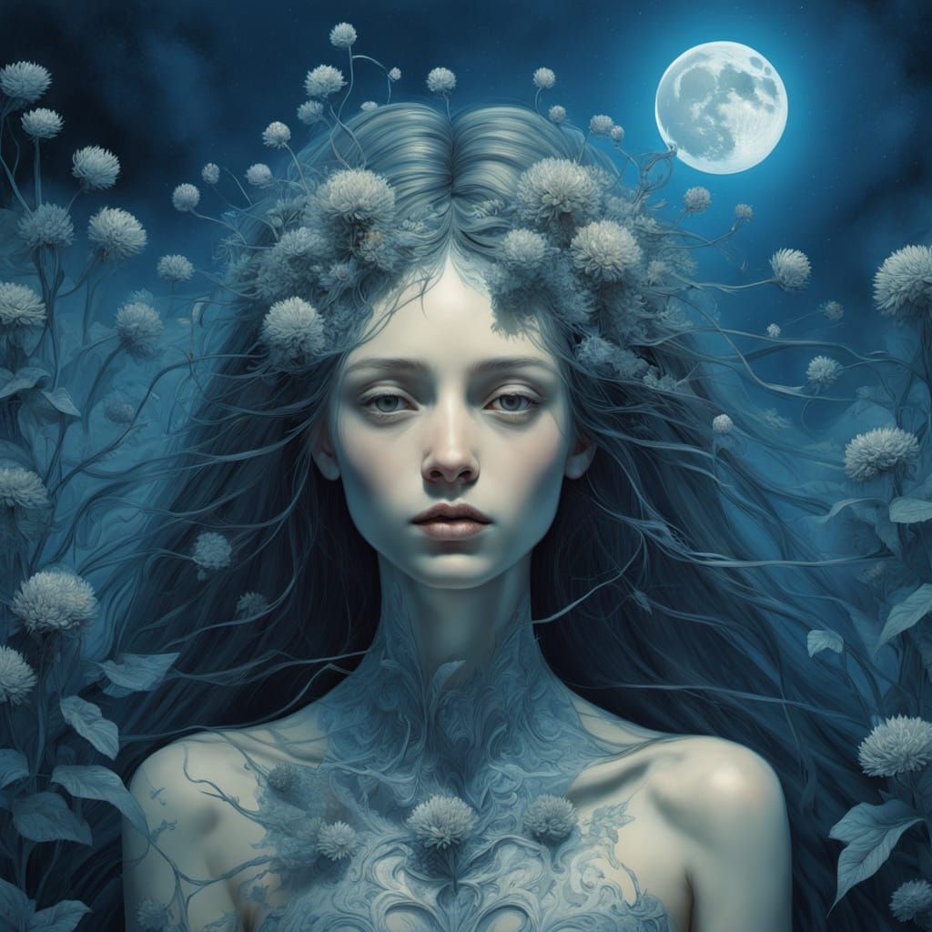 Mysterious moon girl in shades of blue