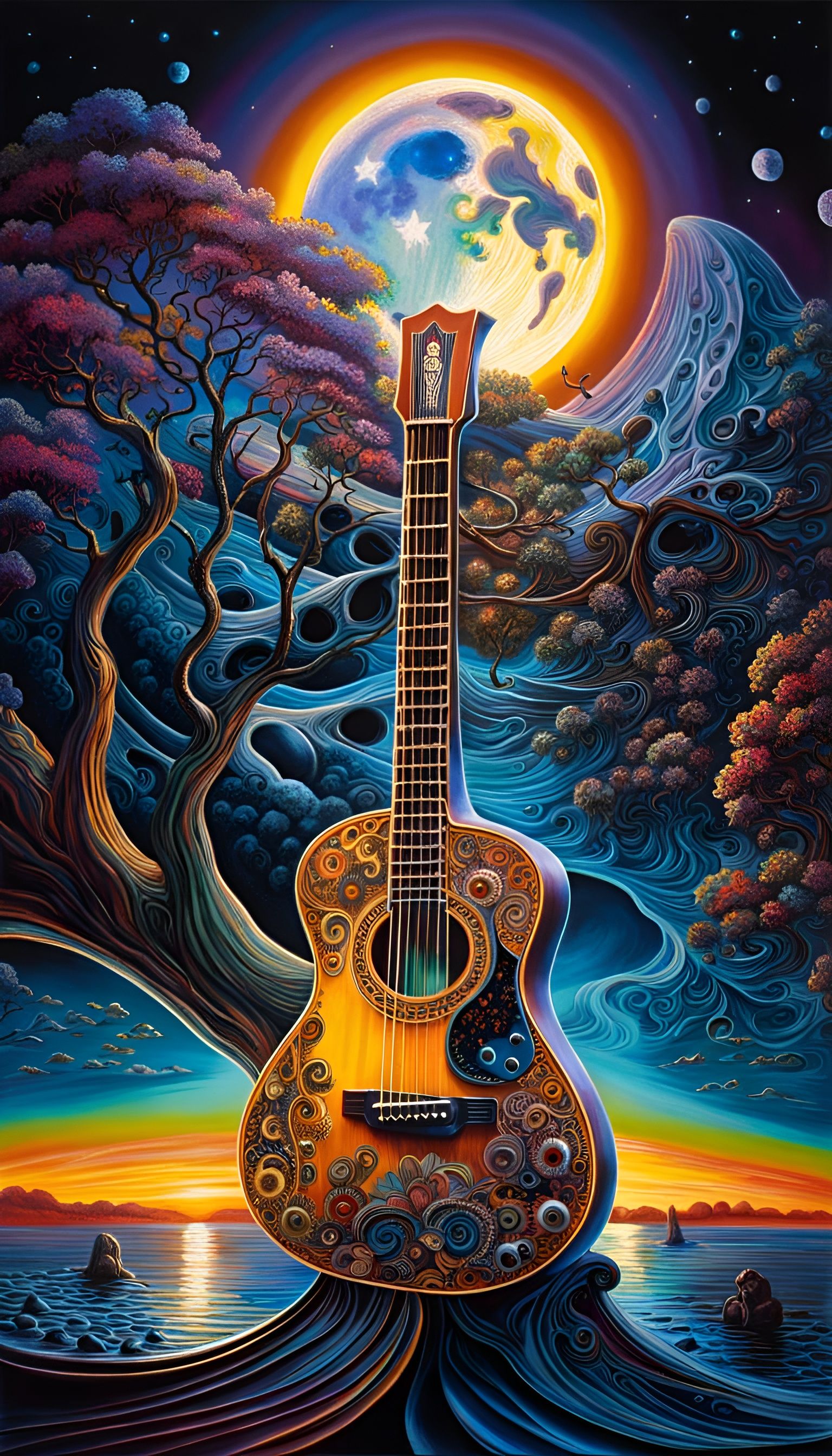 Intricate Guitar in Skeletal Landscape, Vivid Colors