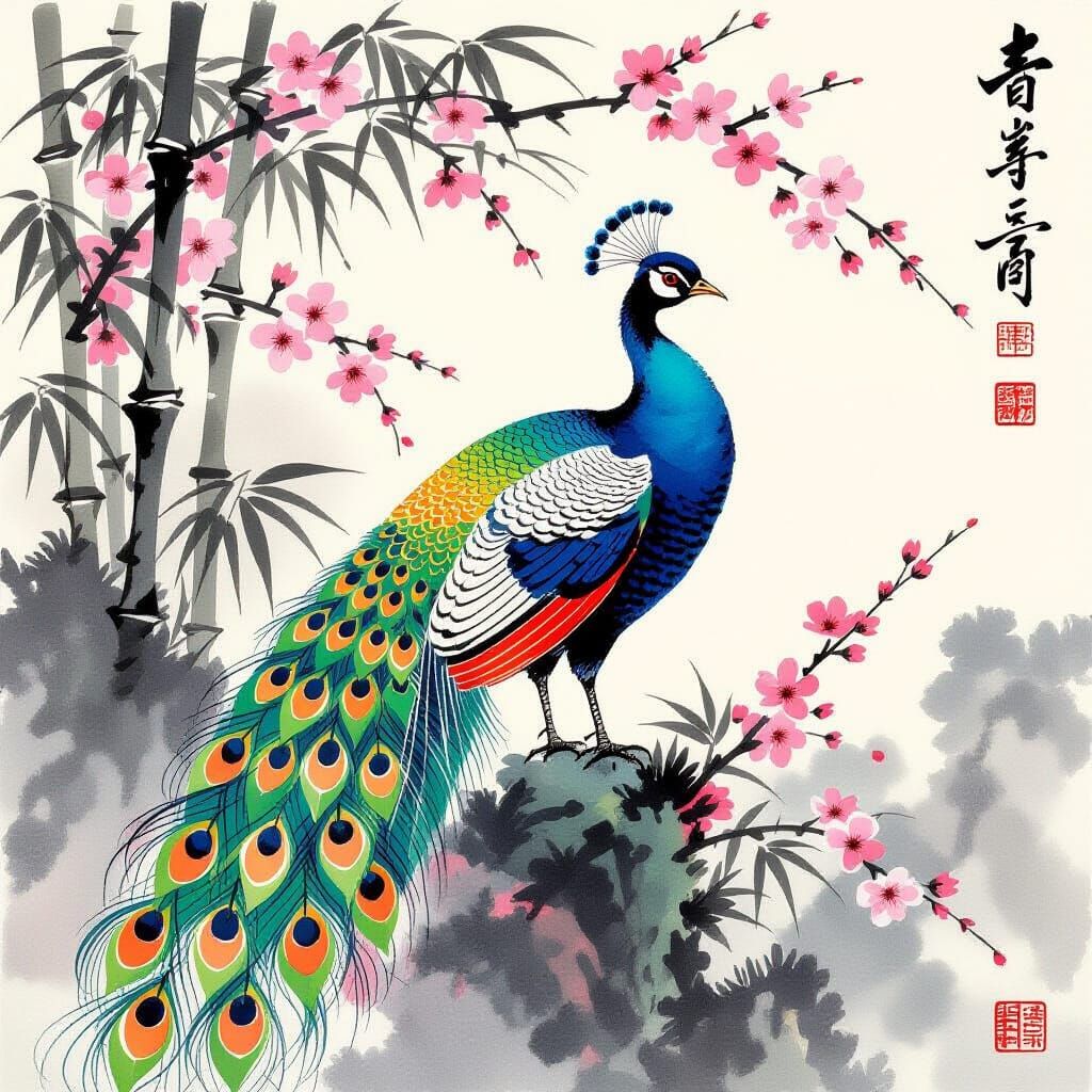 Elegant Peacock in Chinese Brushstroke Style