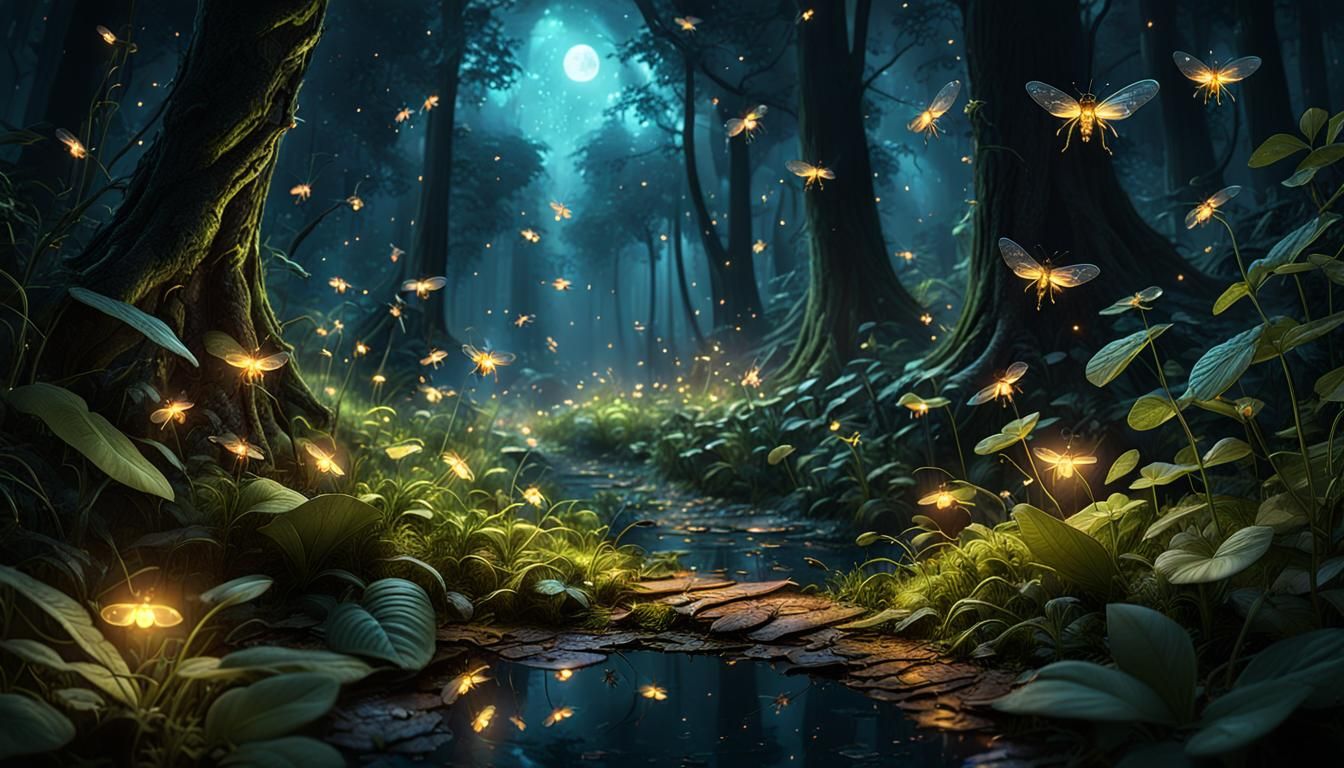 Whispering wood enchanted forest at night fireflies from the perspective of a bug on a leaf  by @NewGirl