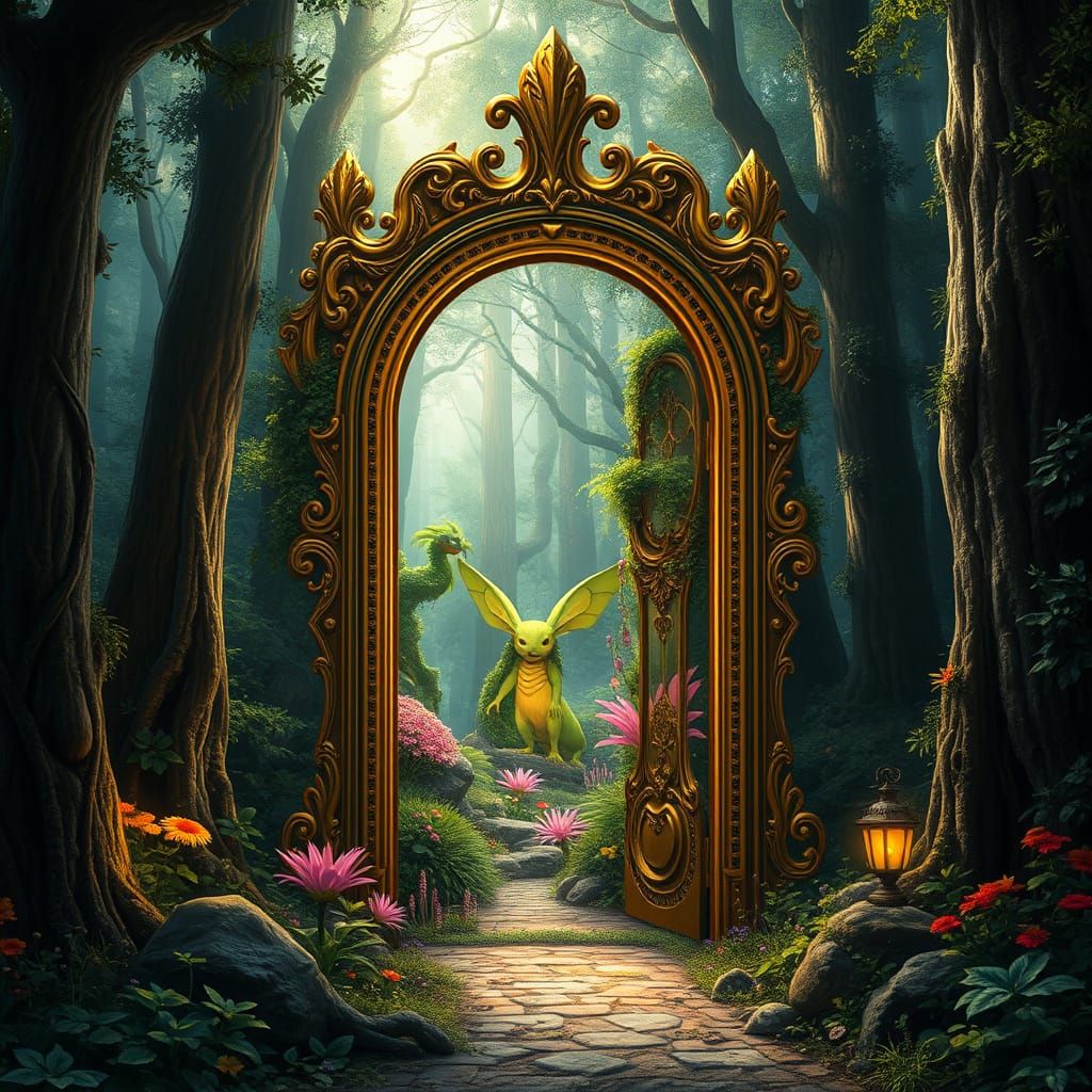 A Golden Ornate door stands open allowing the mystical creatures to be seen,  the door is alone in the ...  by @Green Frog