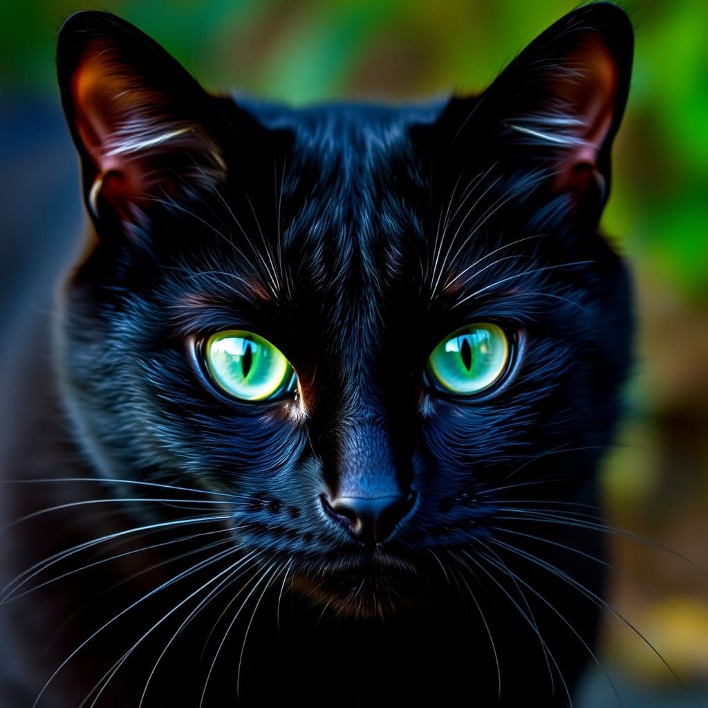 A black cat with hypnotic green eyes
  by @Tangled Serendipity