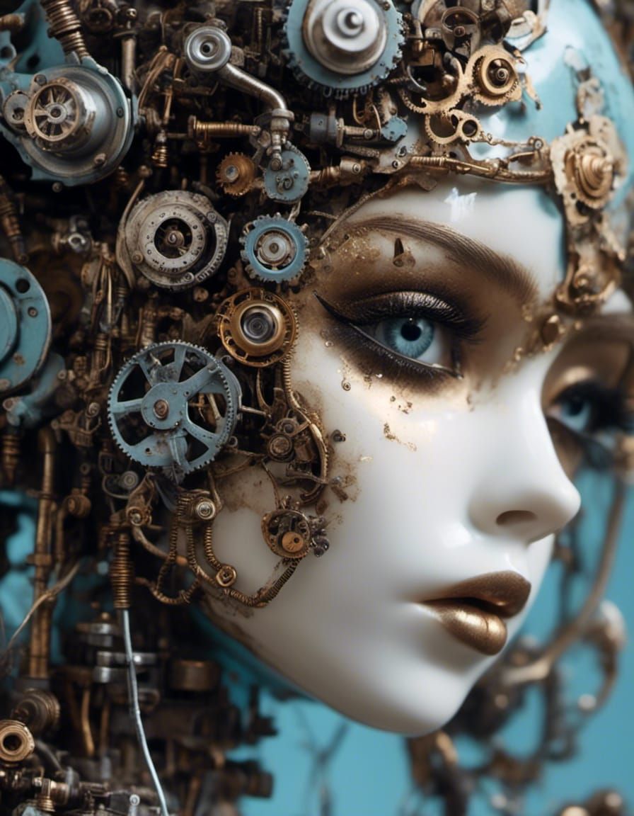 <lora:Mechanics:1.0> Extreme Close up portrait , eyes , mechanical Beautiful Broken porcelain doll in the light blue , gold , dark shaded bi...