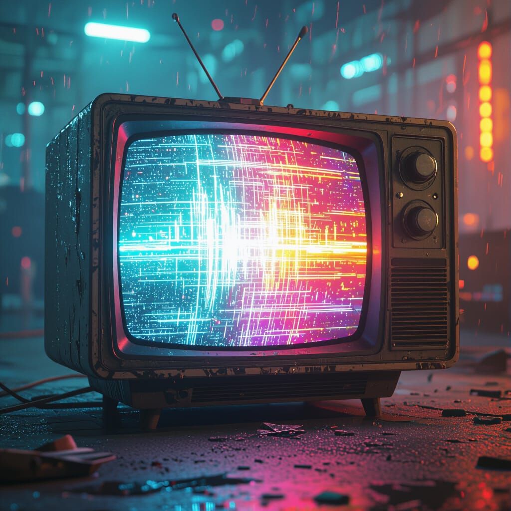 A creepy, old-fashioned TV broadcasting a distorted, analog signal from a haunted dimension