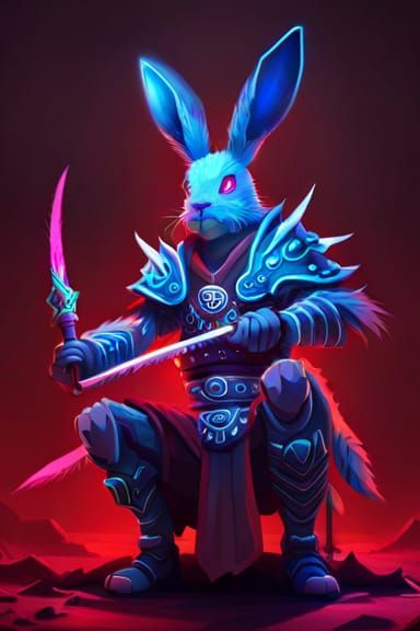 bioluminicent, A digital painting of a Samurai rabbit holding a neon ...