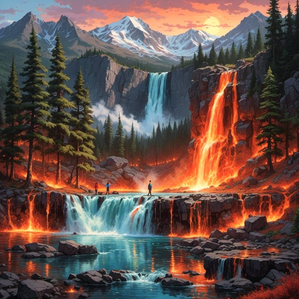  <lora:Vivid Femme Faces:1.0> A mountain with a waterfall of glowing lava cascading into a crystal-clear lake