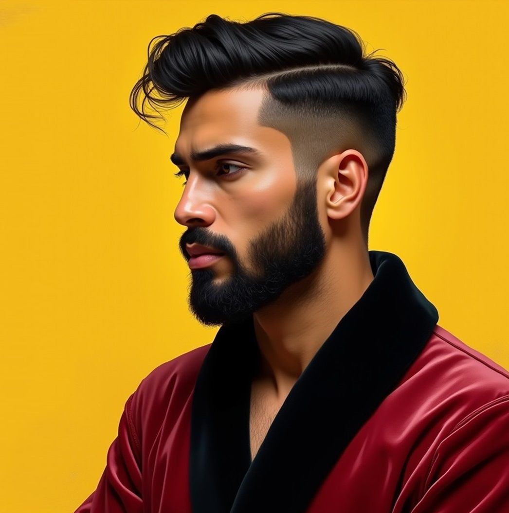 A handsome bearded  man  wearing a   red     bathrobe  with ...