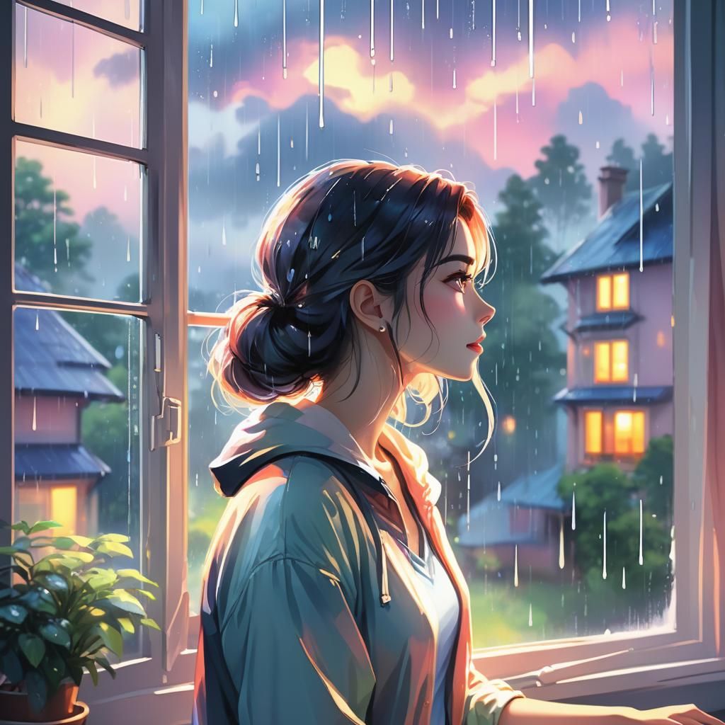 A pretty young woman inside her bedroom looking the rain fal...
