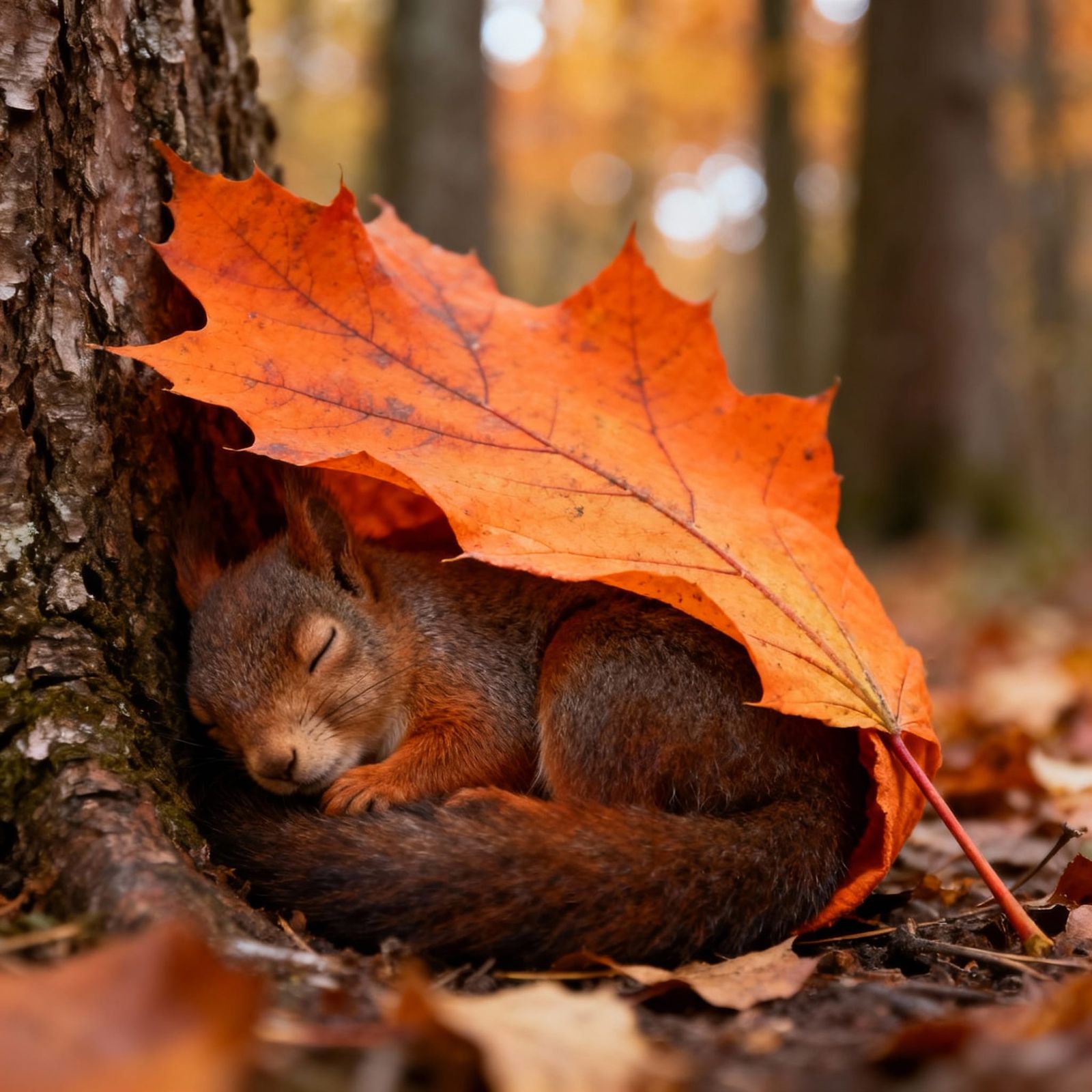 close up on squirrel using large orange leaf as blanket sleeping beside tree in autumn forest, deep colors, ...  by @David Myers