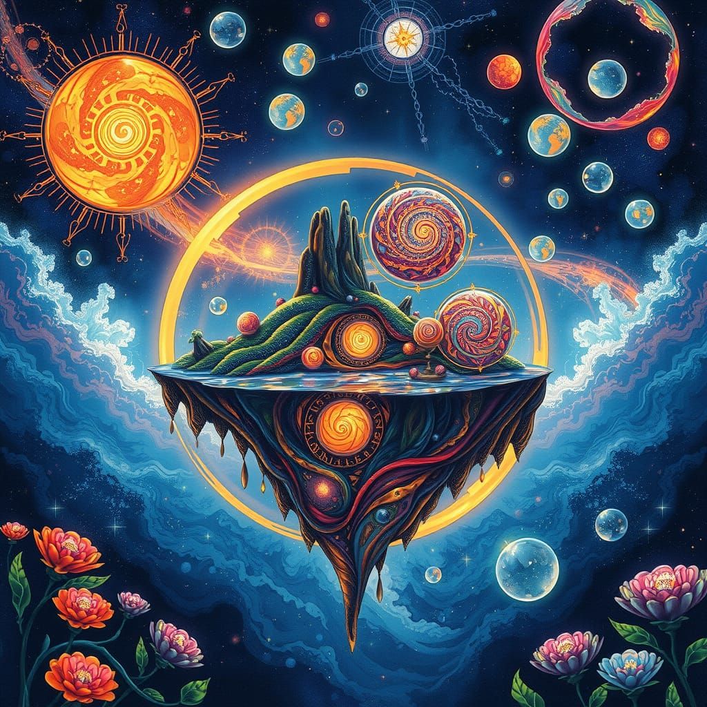 Intricately detailed alcohol ink illustration, a celestial island floating in an ocean of cosmic energy, ethereal, digital painting, incredi...