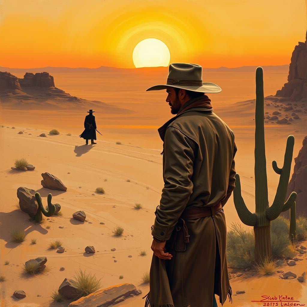 A distant figure moves slowly, the nearer figure stands still, his clothes blow in a gentle wind, The sun has a dim halo...