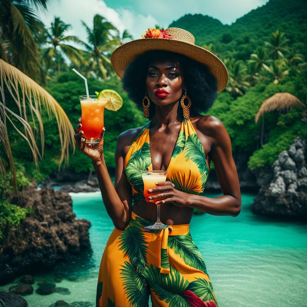 Beautiful black model in colorful clothes on a tropical isla...