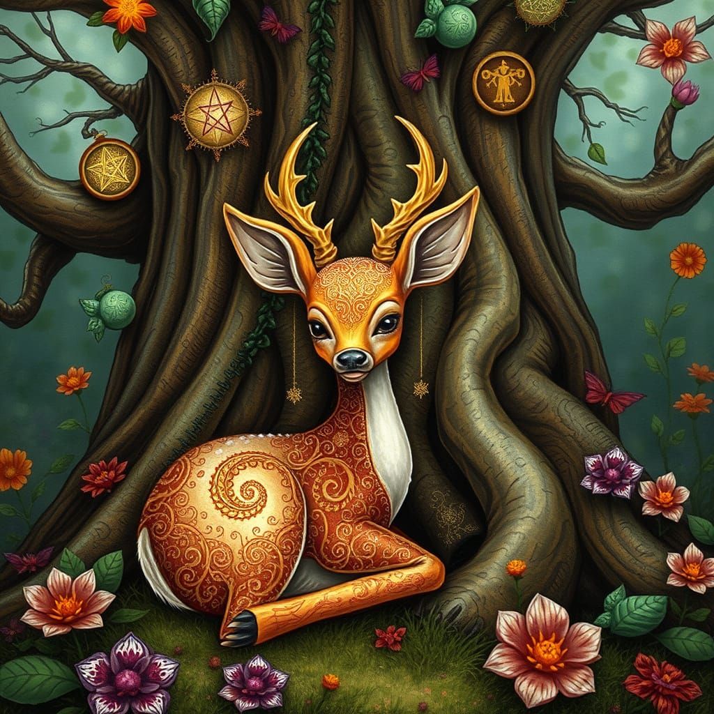 A tiny sparkling deer fawn nestled at the base of an enchanted tree in an enchanted forest. Maximalism. Tarot, medieval.