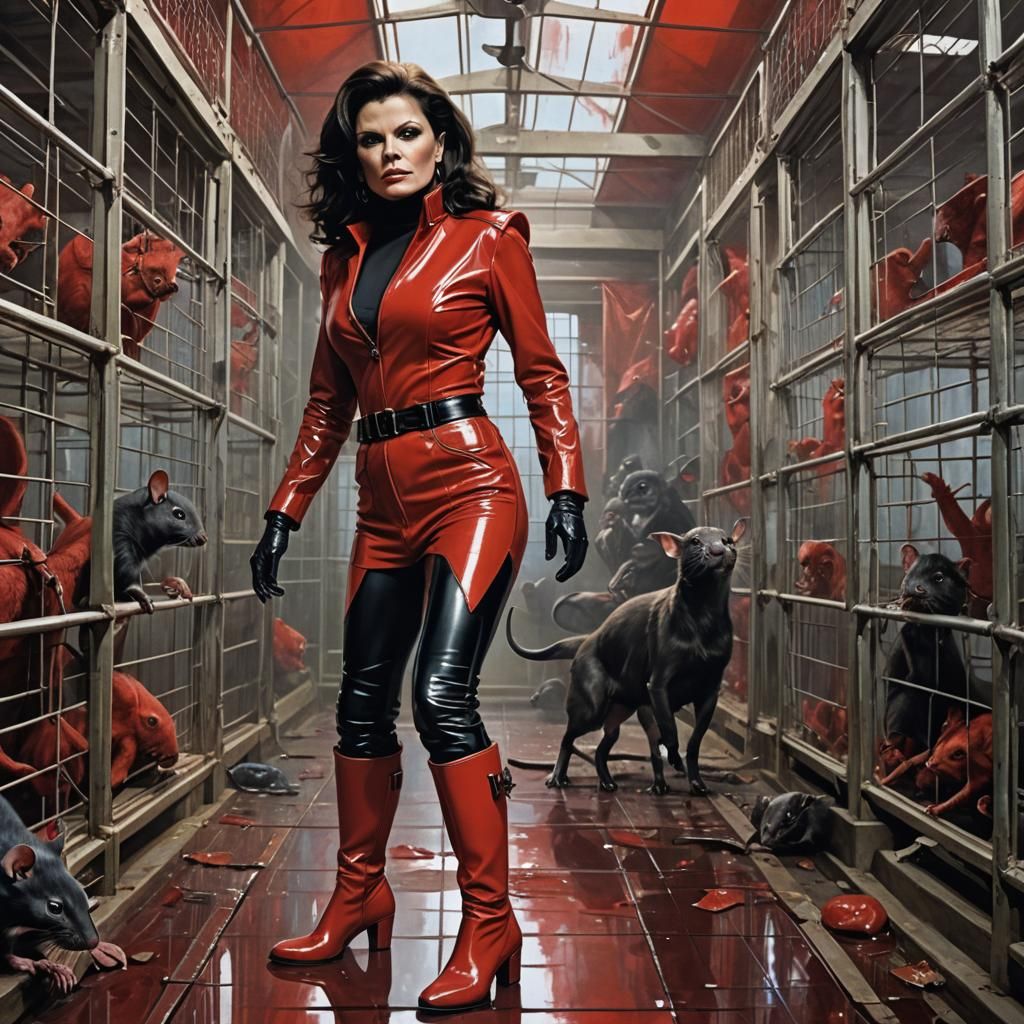 Jane Badler as Diana from the V TV series dressed in very tight red latex and black leather knee boots keeps rats in gla...