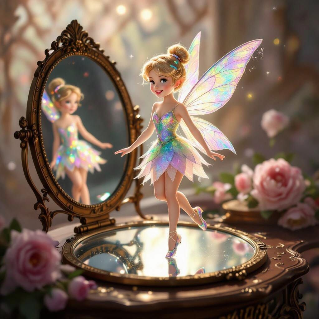 Tinkerbell Fairy Dancing on a Mirror in Art Nouveau Style