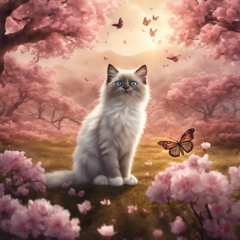 Cute fluffy ragdoll kitten trying to catch a monarch butterf...