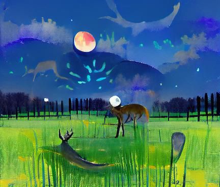 Deer in Meadow Under Moonlight