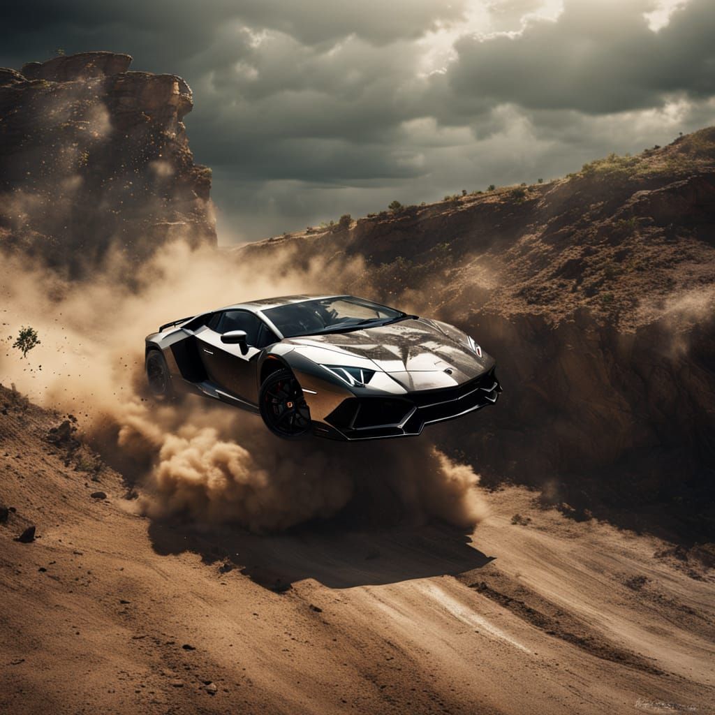 Lamborghini Jumps Cliff in Dramatic Hyperrealistic Scene