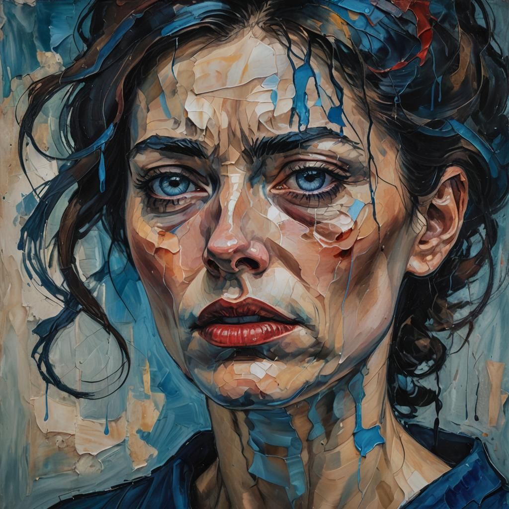 Expressionist Portrait of a Woman in Tears as Oil Painting